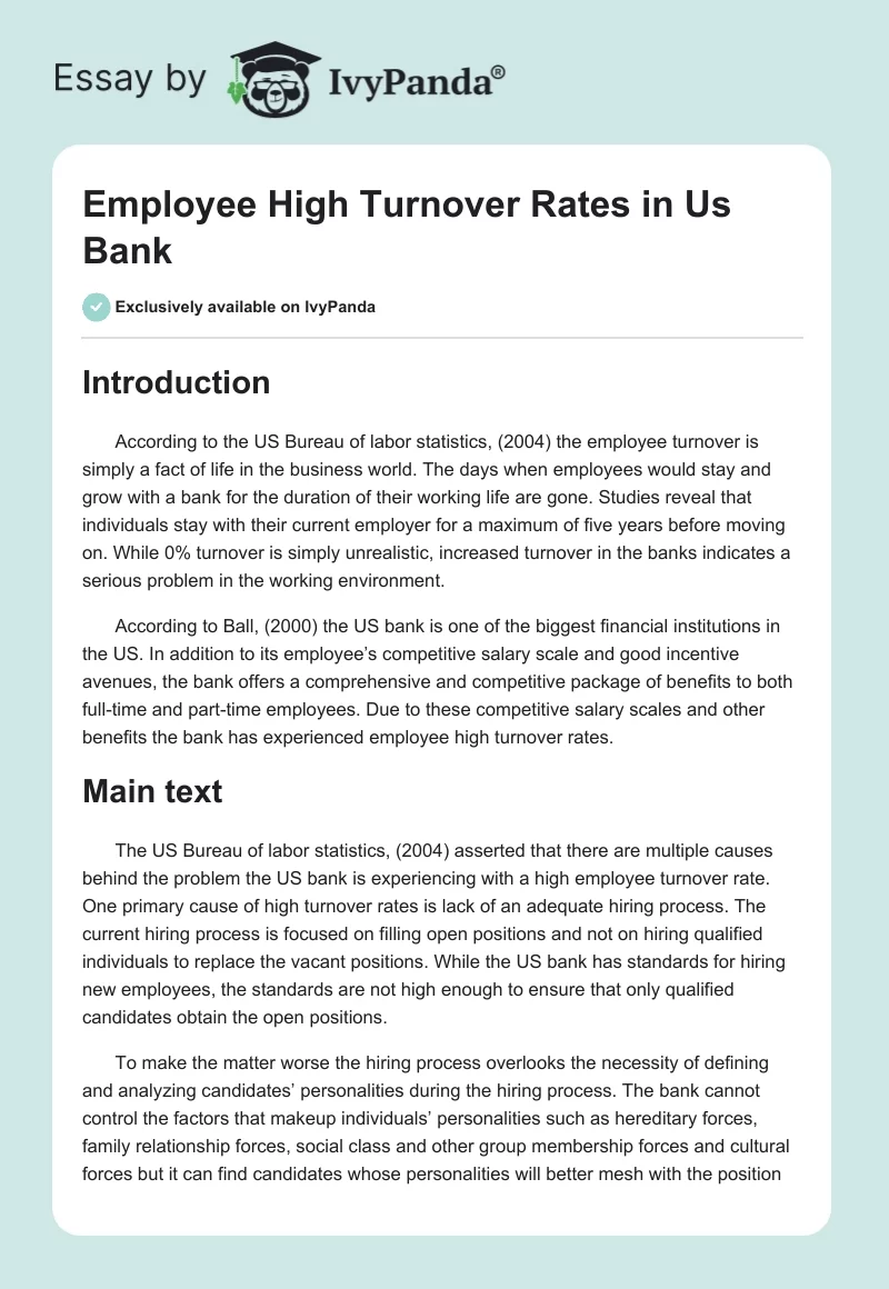 Employee High Turnover Rates in Us Bank. Page 1