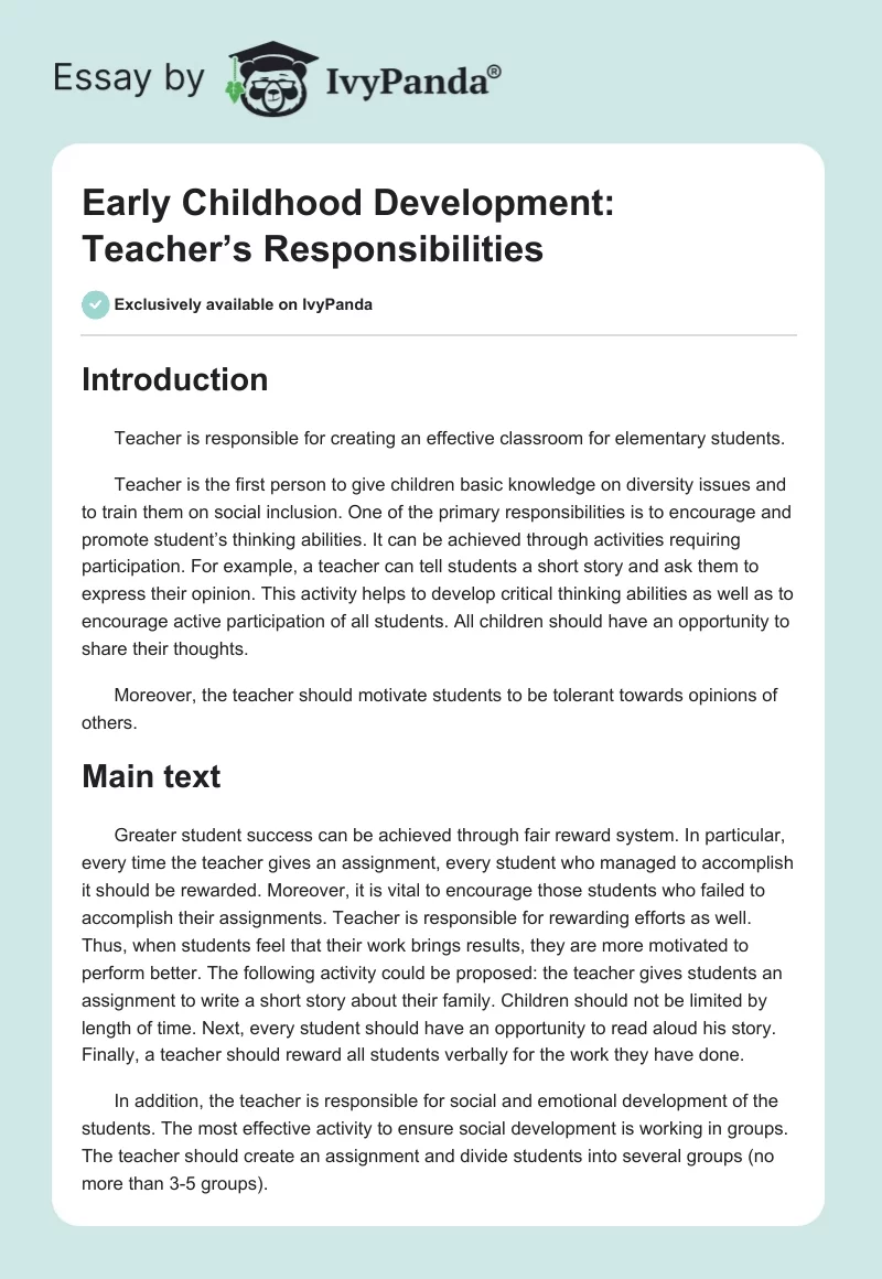 Early Childhood Development: Teacher’s Responsibilities. Page 1
