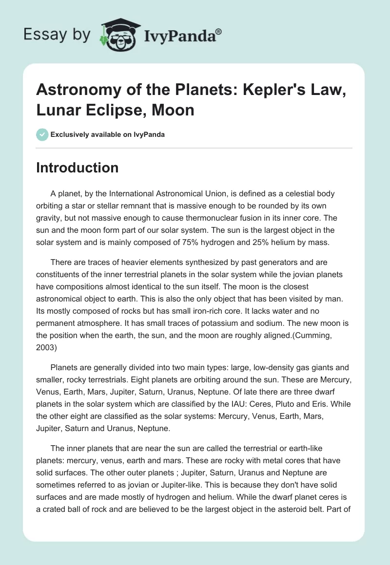 Astronomy of the Planets: Kepler's Law, Lunar Eclipse, Moon. Page 1