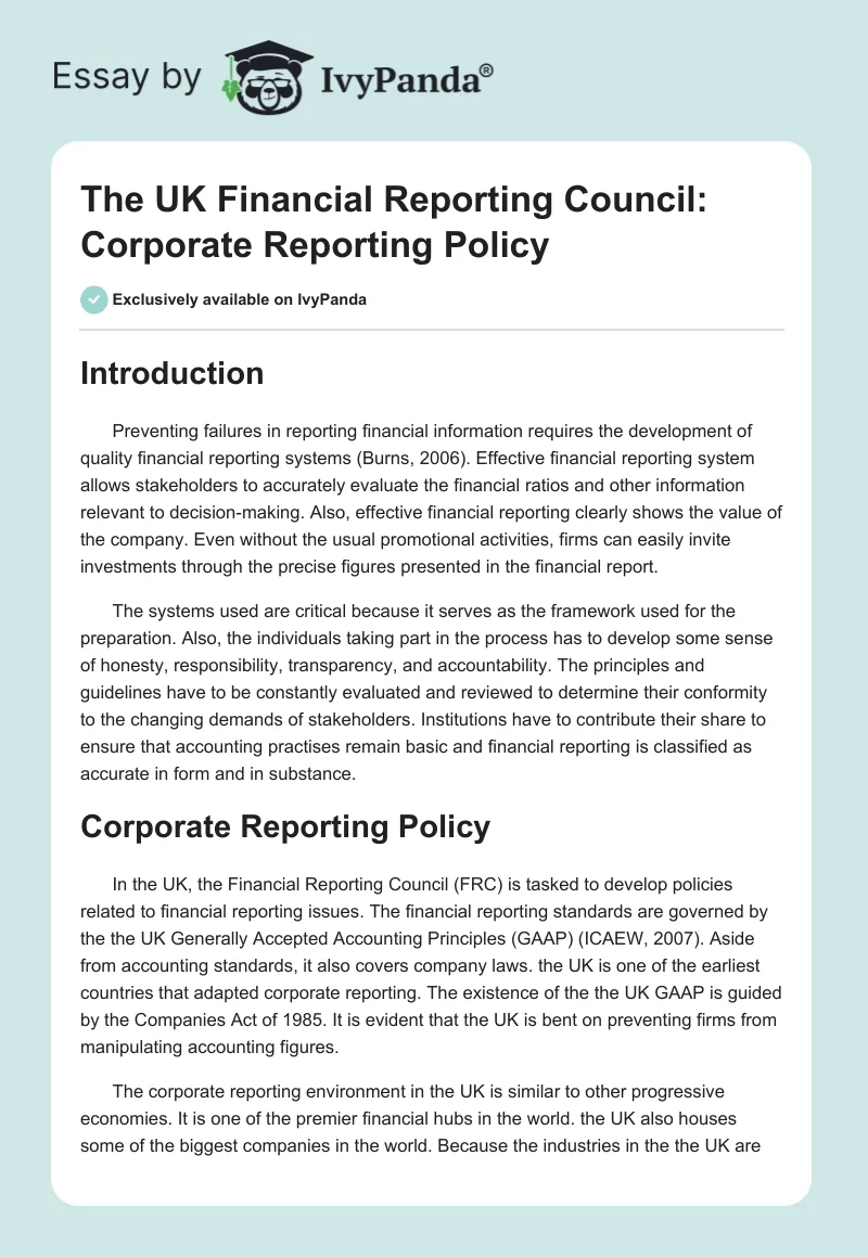 The UK Financial Reporting Council: Corporate Reporting Policy. Page 1