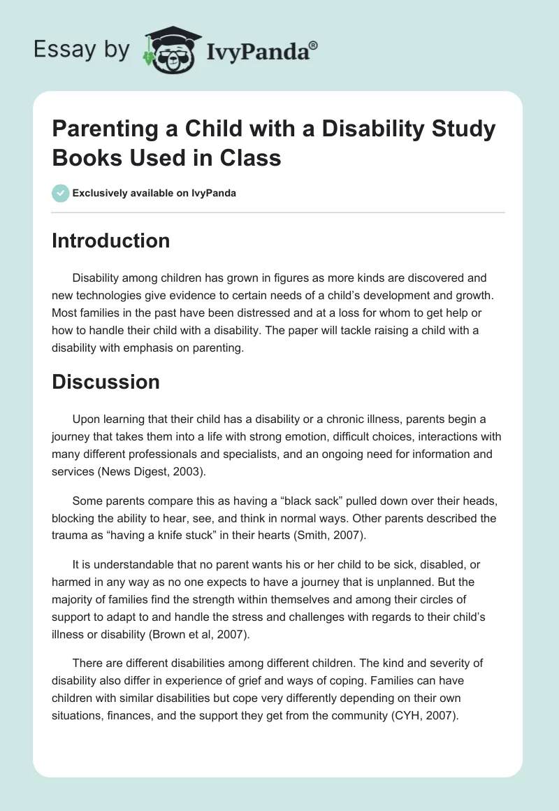 Parenting a Child with a Disability Study Books Used in Class. Page 1