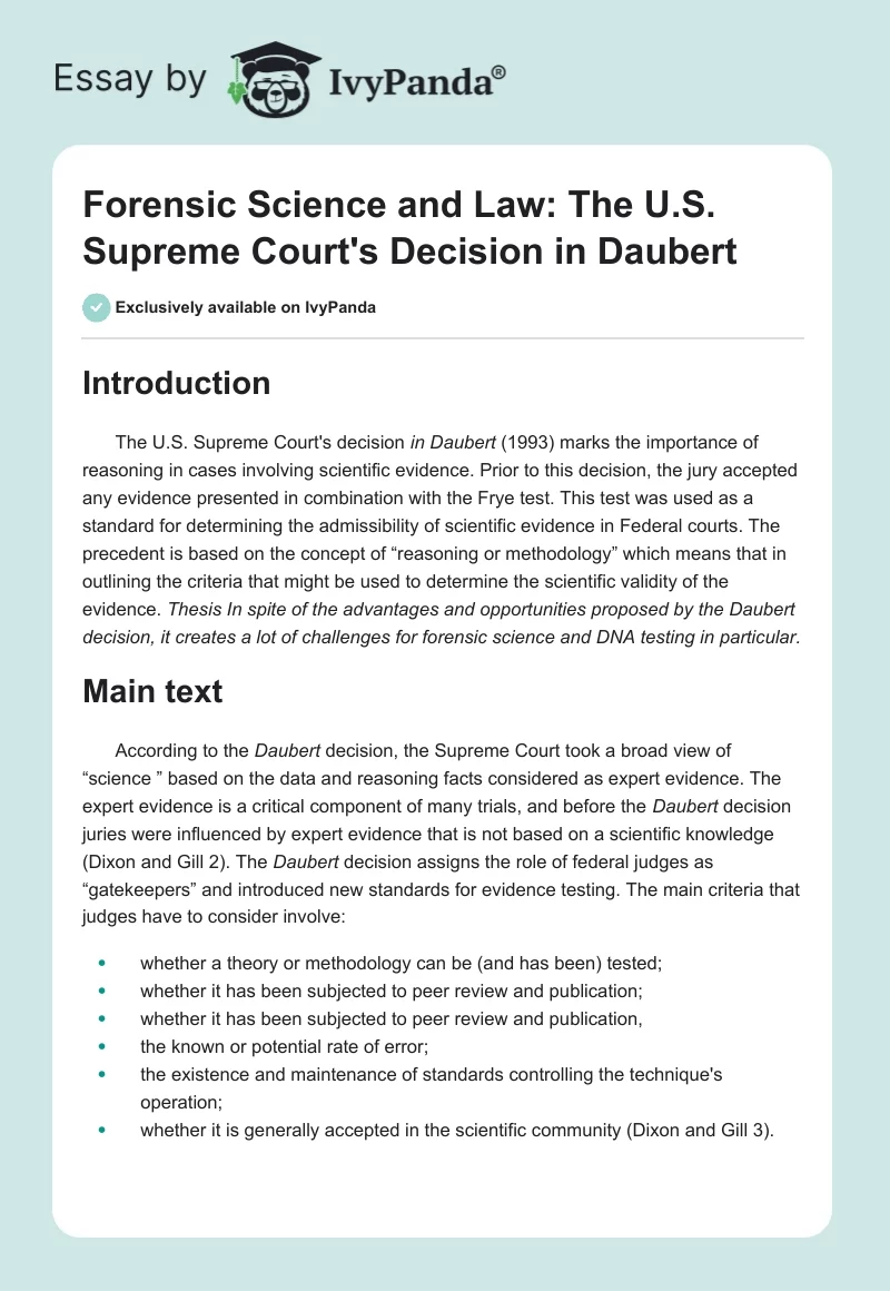 Forensic Science and Law: The U.S. Supreme Court's Decision in Daubert. Page 1