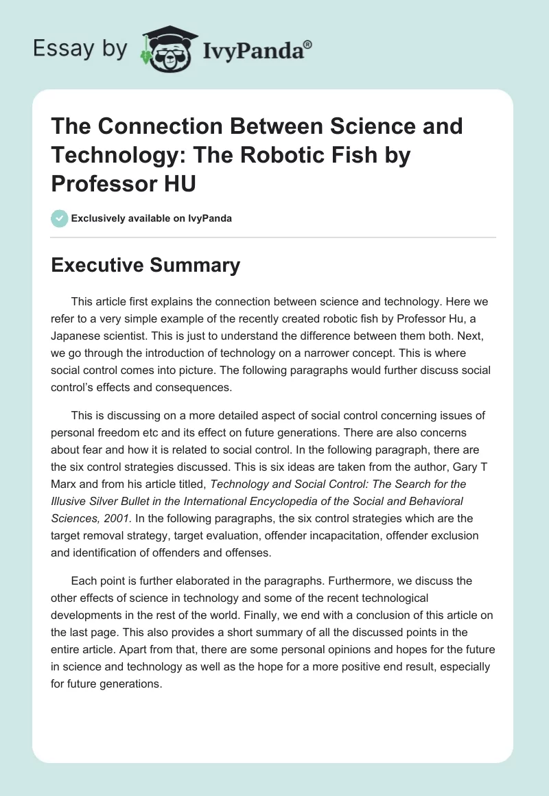 The Connection Between Science and Technology: The Robotic Fish by Professor HU. Page 1