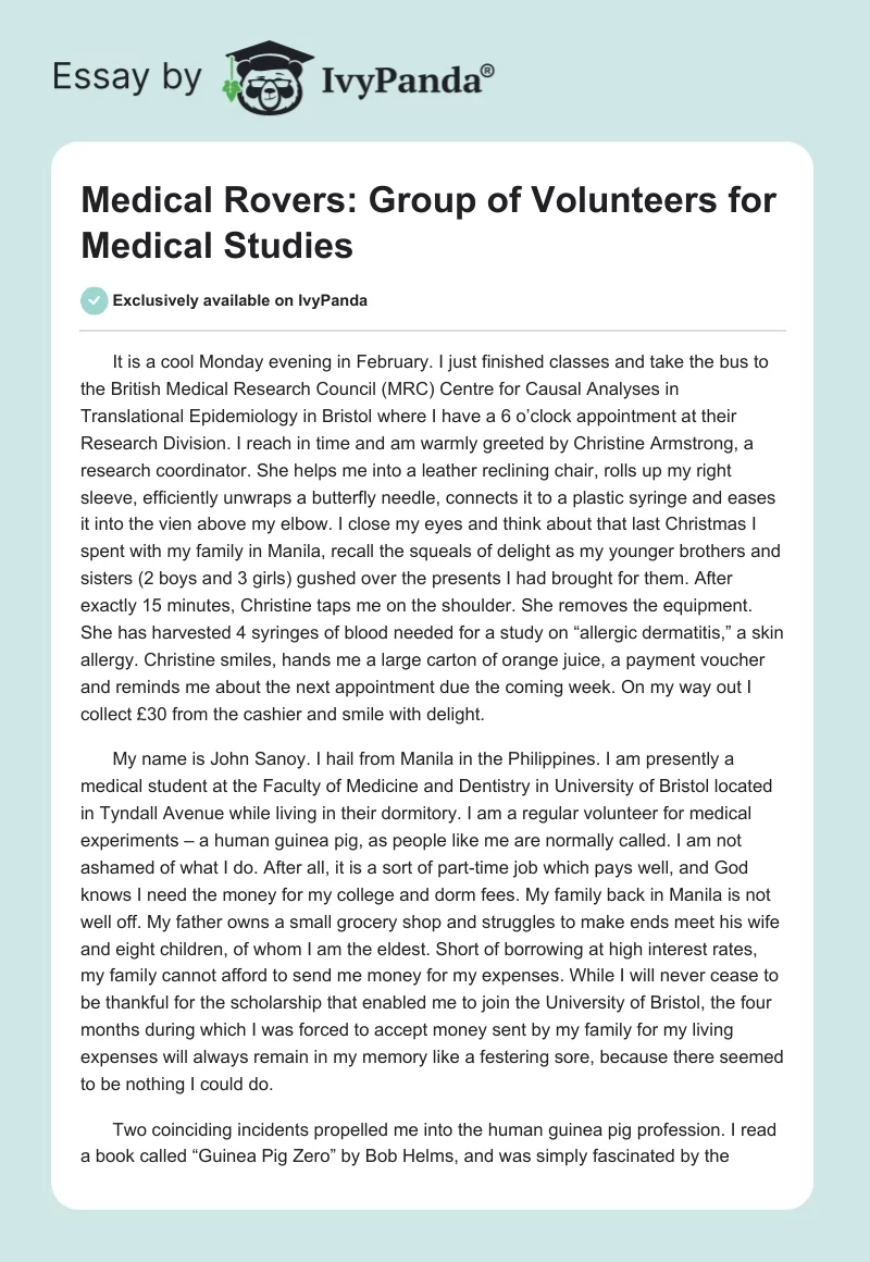 Medical Rovers: Group of Volunteers for Medical Studies. Page 1