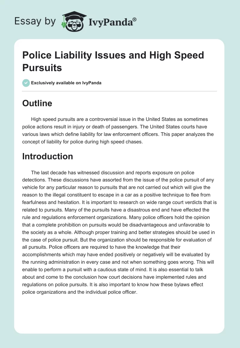 Police Liability Issues and High Speed Pursuits. Page 1