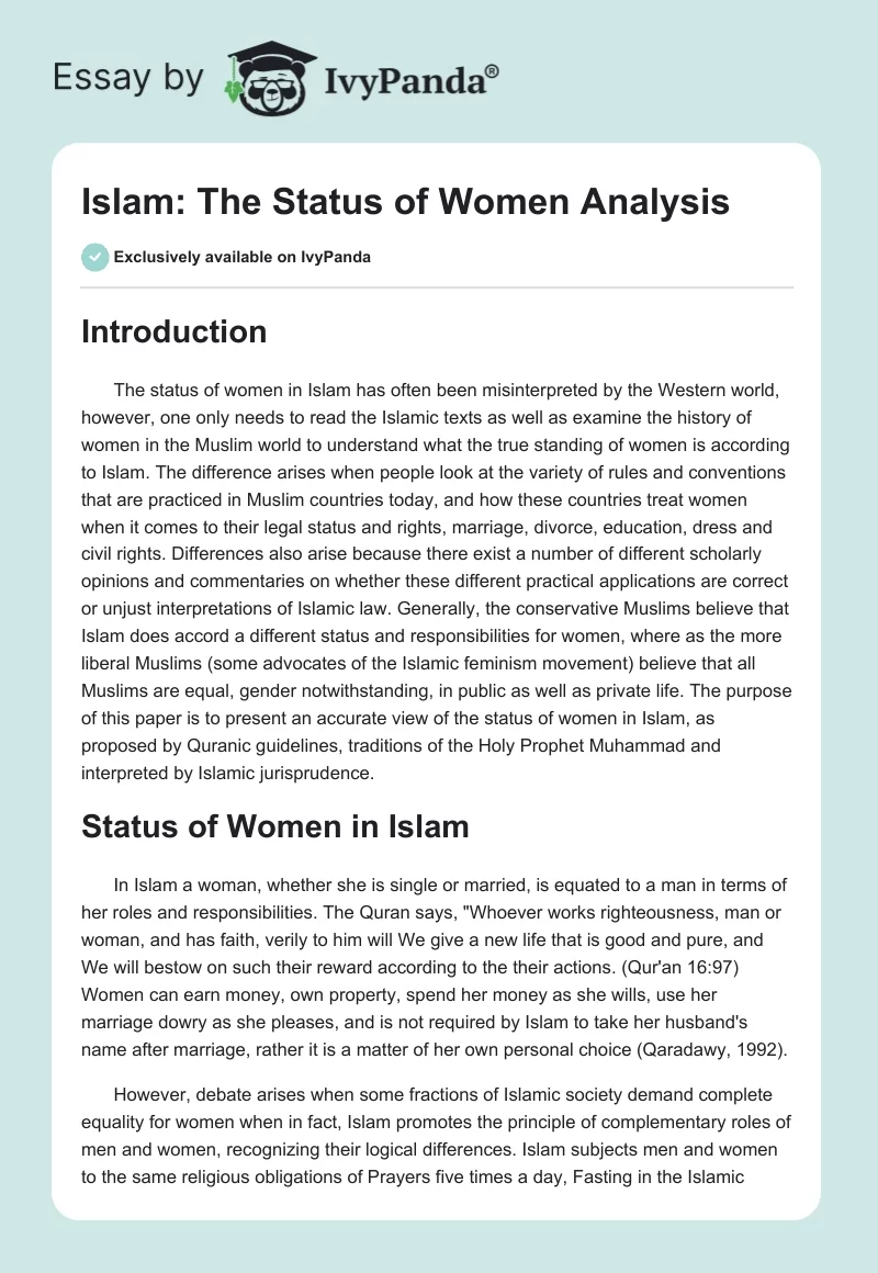 Islam: The Status of Women Analysis. Page 1