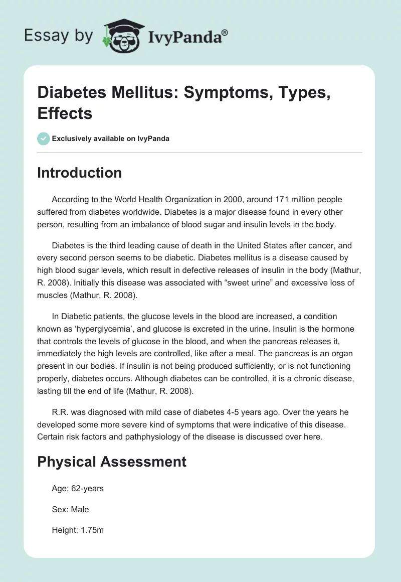 Diabetes Mellitus: Symptoms, Types, Effects. Page 1