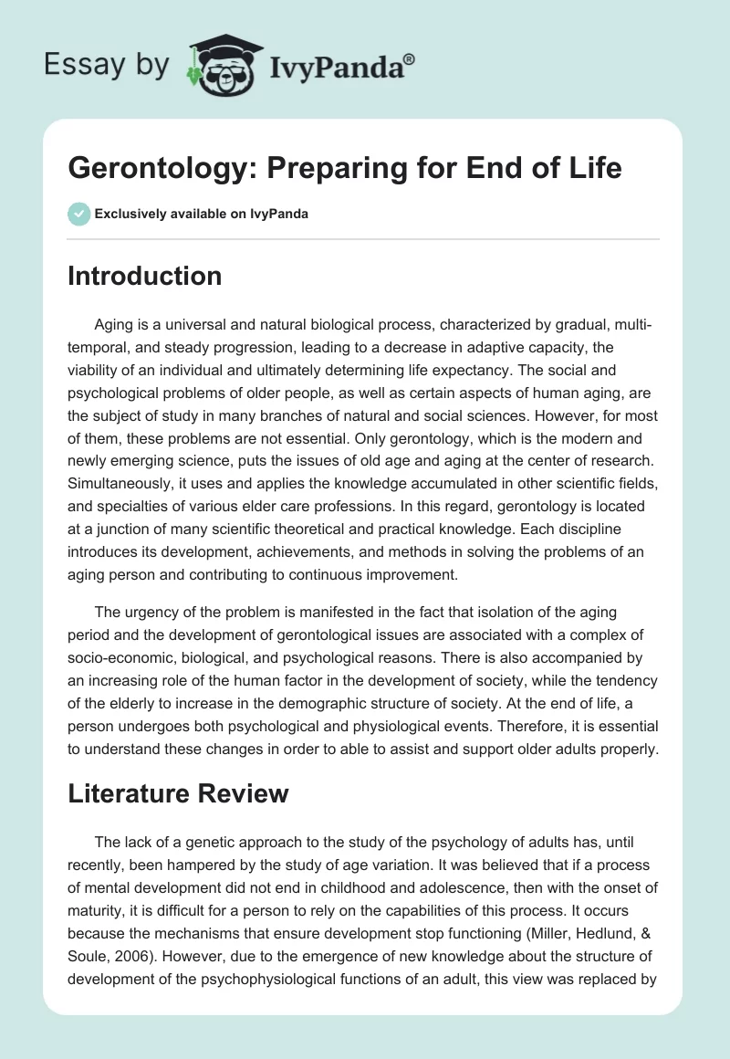 Gerontology: Preparing for End of Life. Page 1