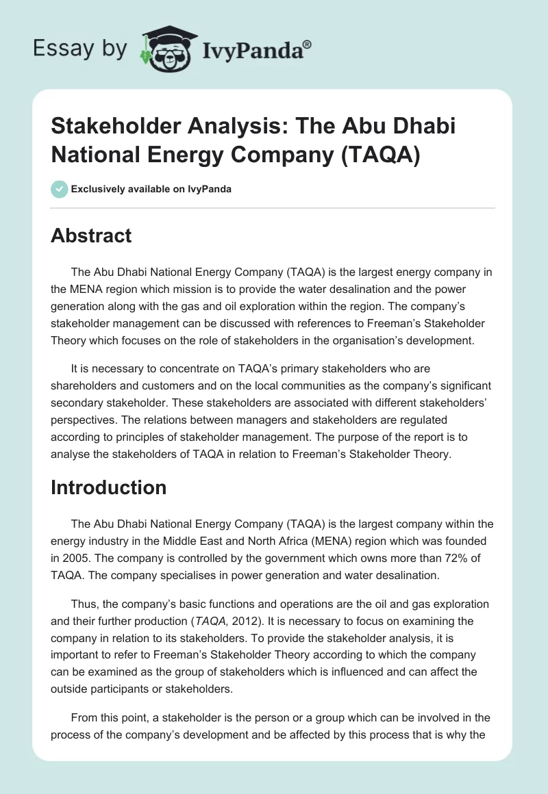 Stakeholder Analysis: The Abu Dhabi National Energy Company (TAQA). Page 1