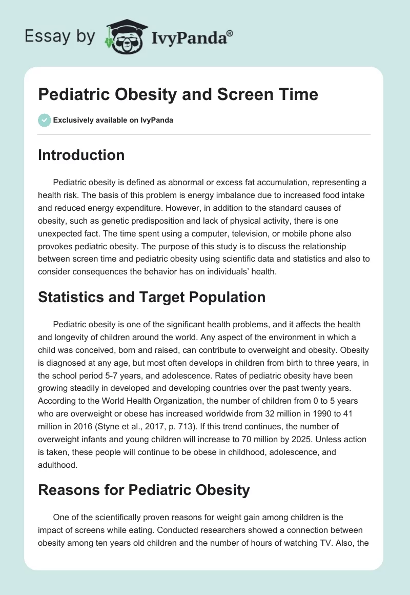 Pediatric Obesity and Screen Time. Page 1