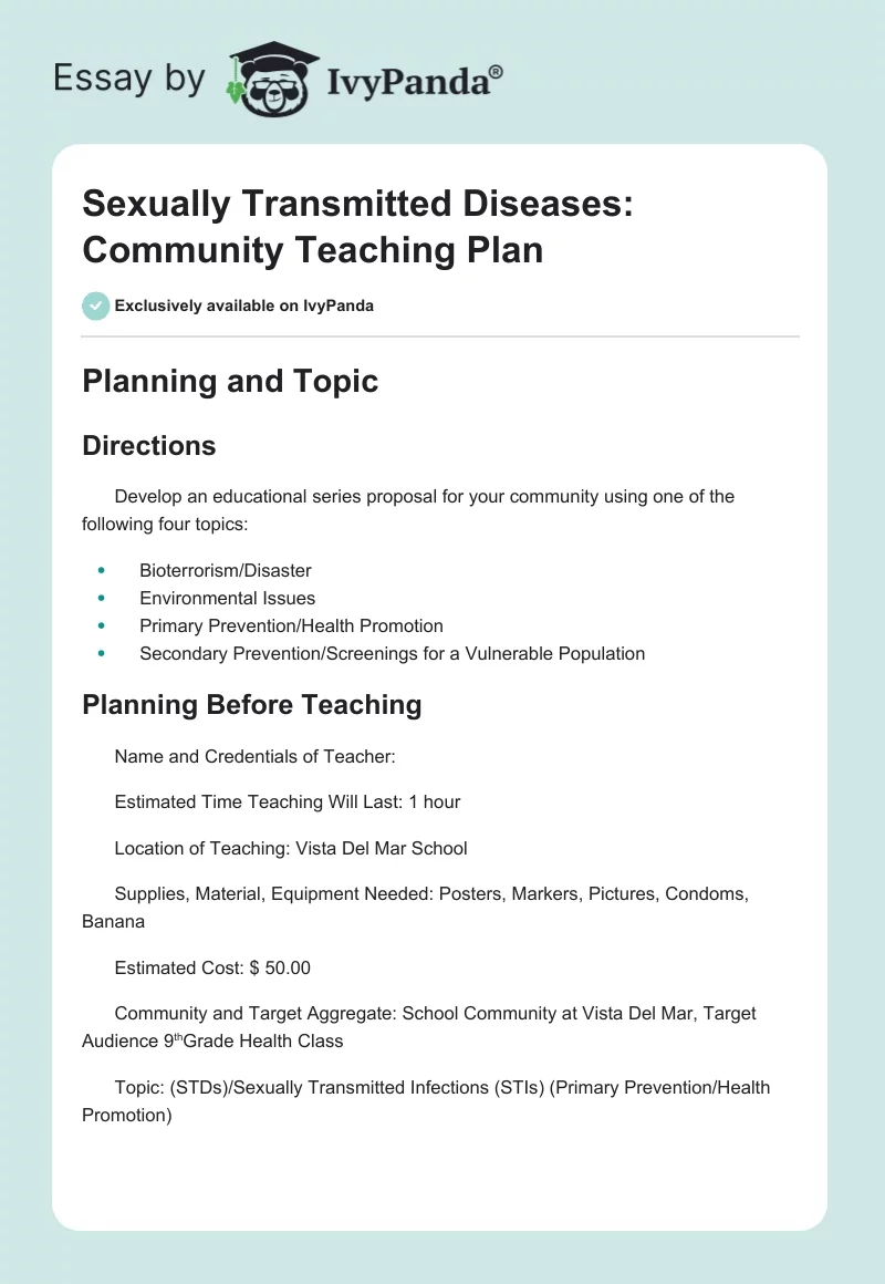 Sexually Transmitted Diseases: Community Teaching Plan. Page 1