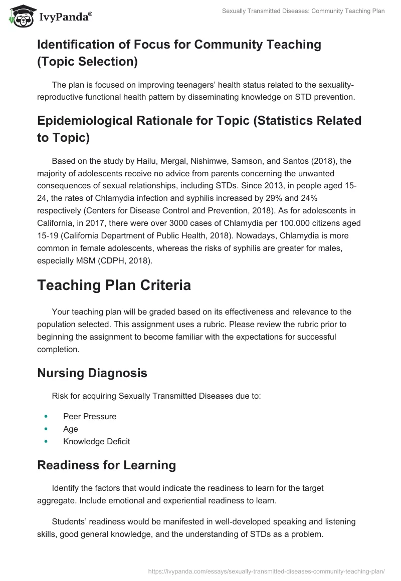 Sexually Transmitted Diseases: Community Teaching Plan. Page 2