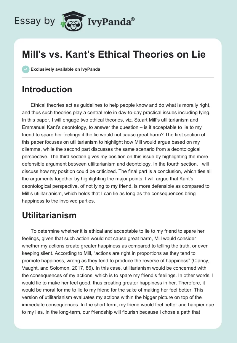 Mill's vs. Kant's Ethical Theories on Lie. Page 1