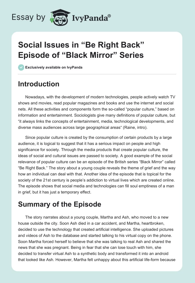 Social Issues in “Be Right Back” Episode of “Black Mirror” Series. Page 1