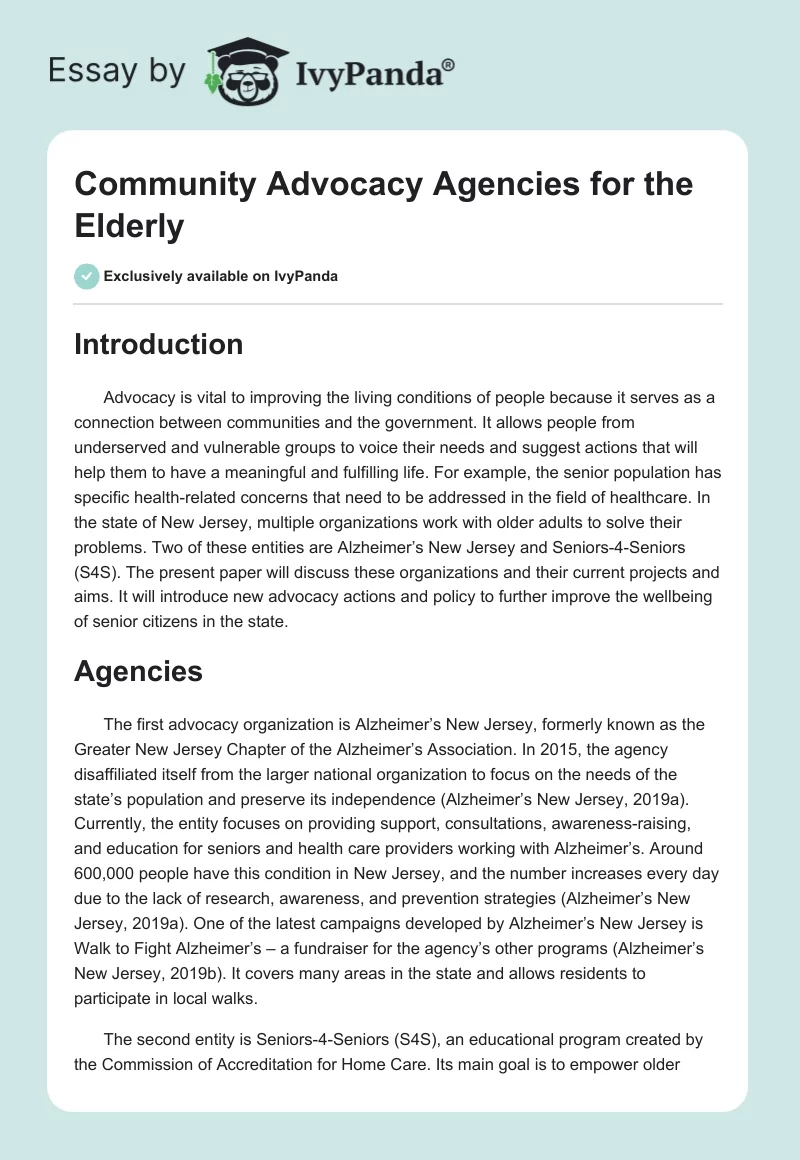 Community Advocacy Agencies for the Elderly. Page 1
