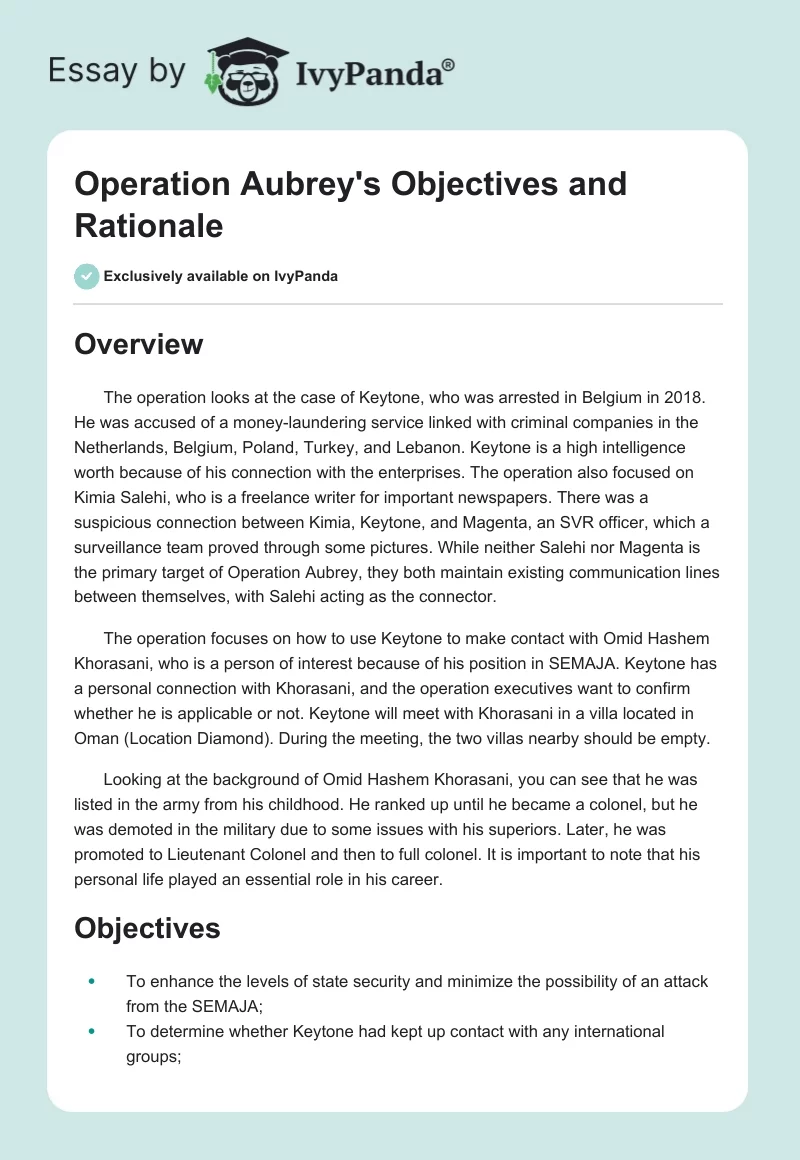 Operation Aubrey's Objectives and Rationale. Page 1