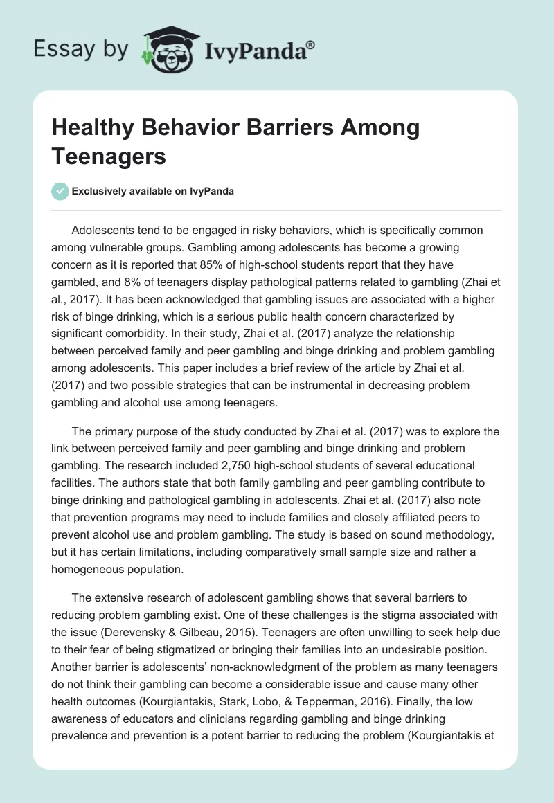 Healthy Behavior Barriers Among Teenagers. Page 1