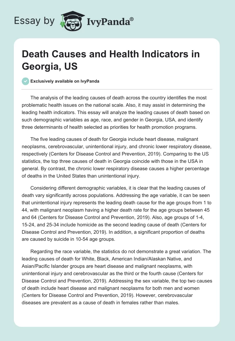Death Causes and Health Indicators in Georgia, US. Page 1