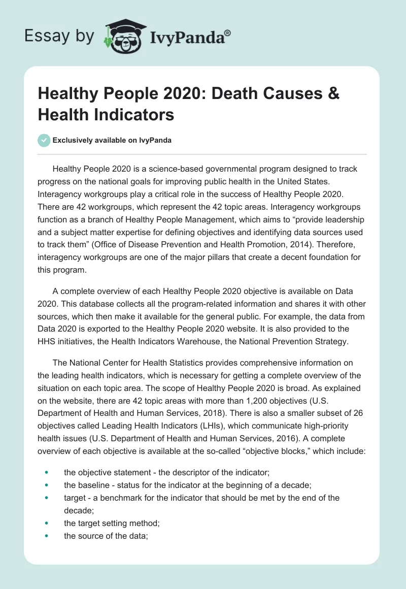 Healthy People 2020: Death Causes & Health Indicators. Page 1