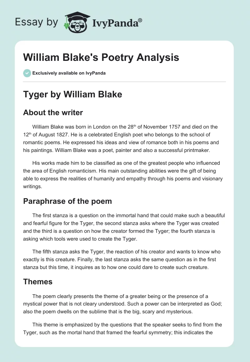 William Blake's Poetry Analysis. Page 1