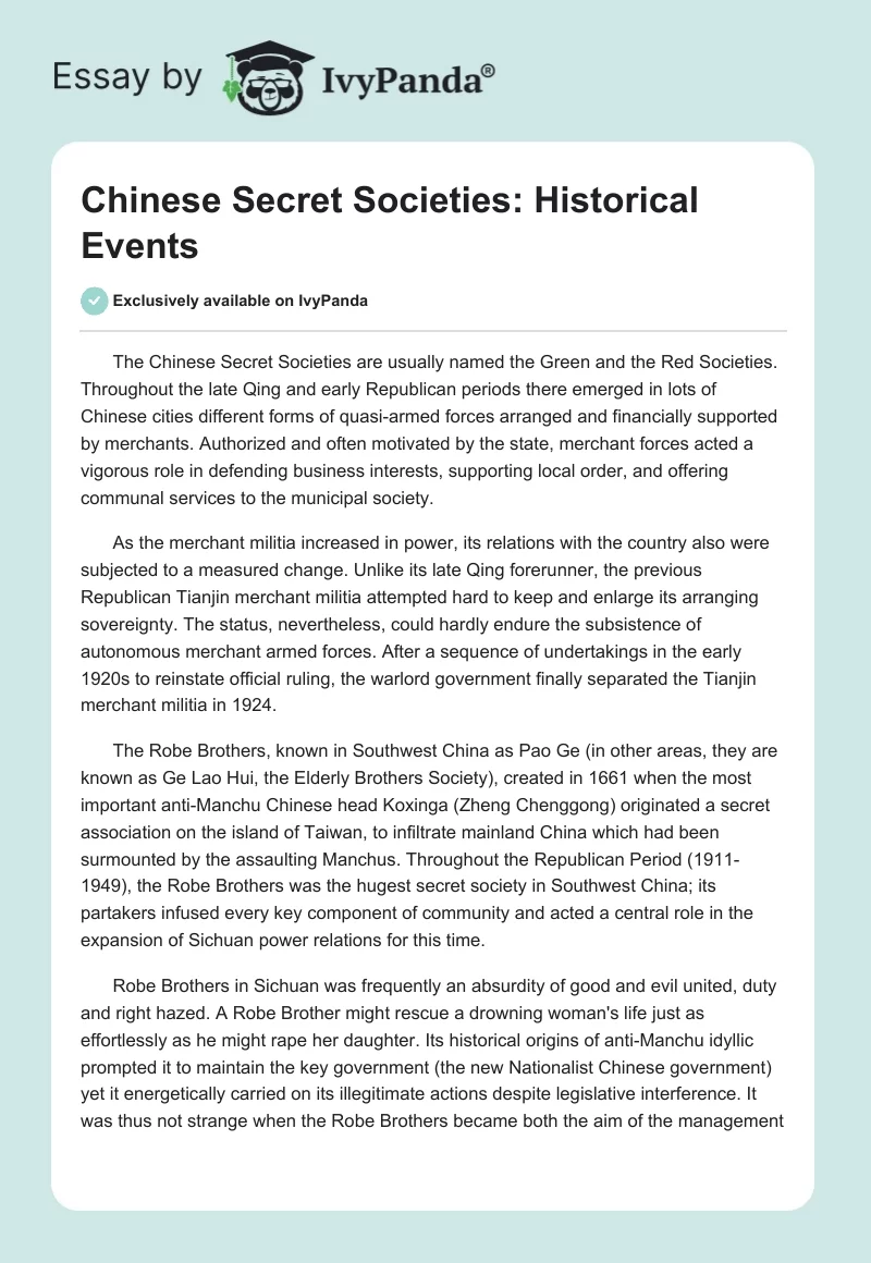 Chinese Secret Societies: Historical Events. Page 1