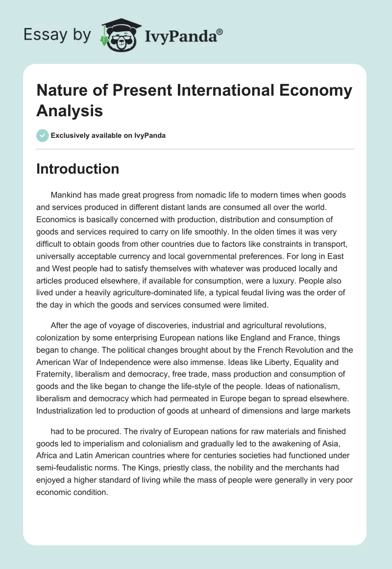 Nature of Present International Economy Analysis. Page 1