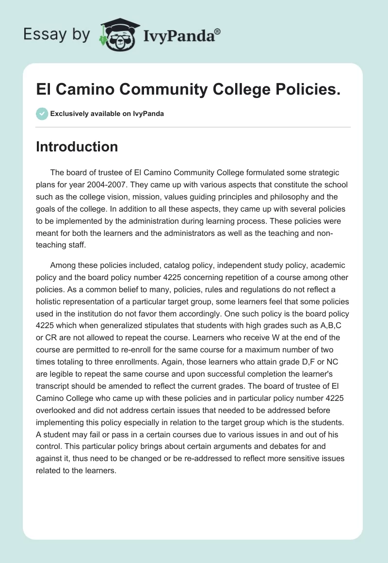 El Camino Community College Policies.. Page 1
