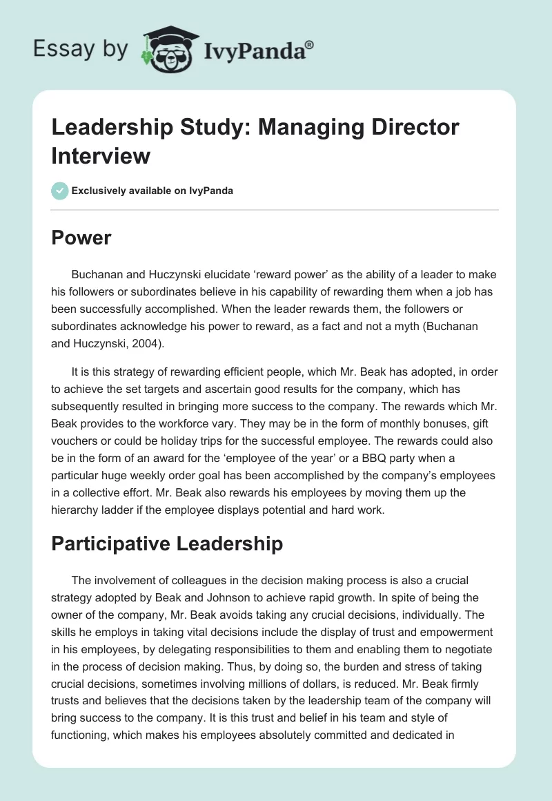 Leadership Study: Managing Director Interview. Page 1