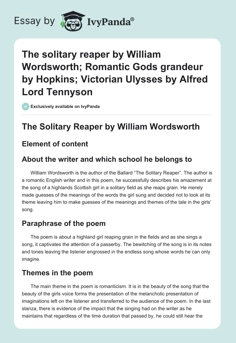 The solitary reaper by William Wordsworth; Romantic Gods grandeur by Hopkins; Victorian Ulysses by Alfred Lord Tennyson. Page 1
