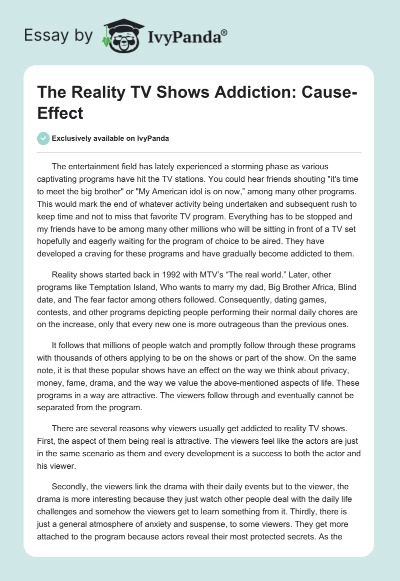 The Reality TV Shows Addiction: Cause-Effect. Page 1