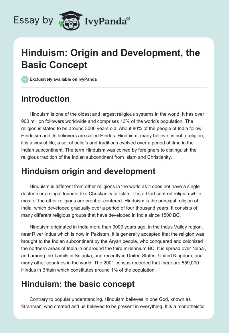 Hinduism: Origin and Development, the Basic Concept. Page 1