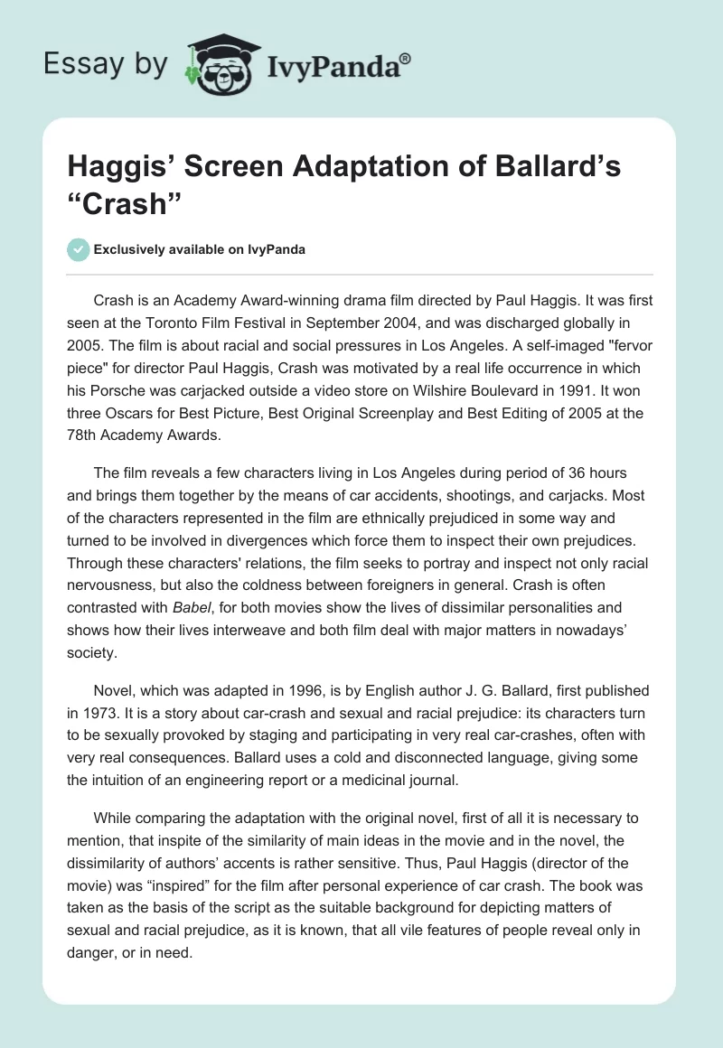 Haggis’ Screen Adaptation of Ballard’s “Crash”. Page 1