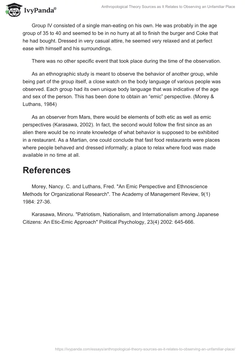 Anthropological Theory Sources as It Relates to Observing an Unfamiliar Place. Page 2