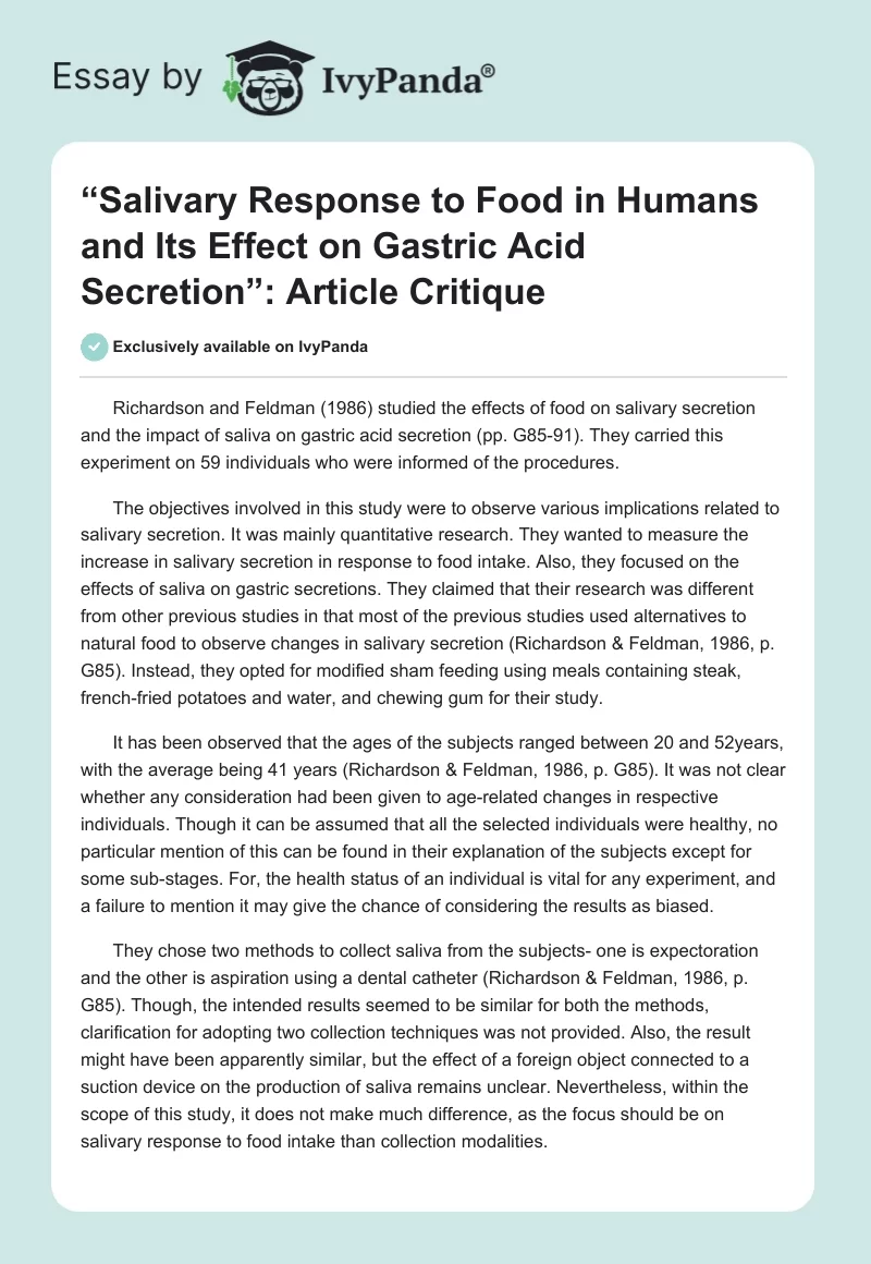“Salivary Response to Food in Humans and Its Effect on Gastric Acid Secretion”: Article Critique. Page 1