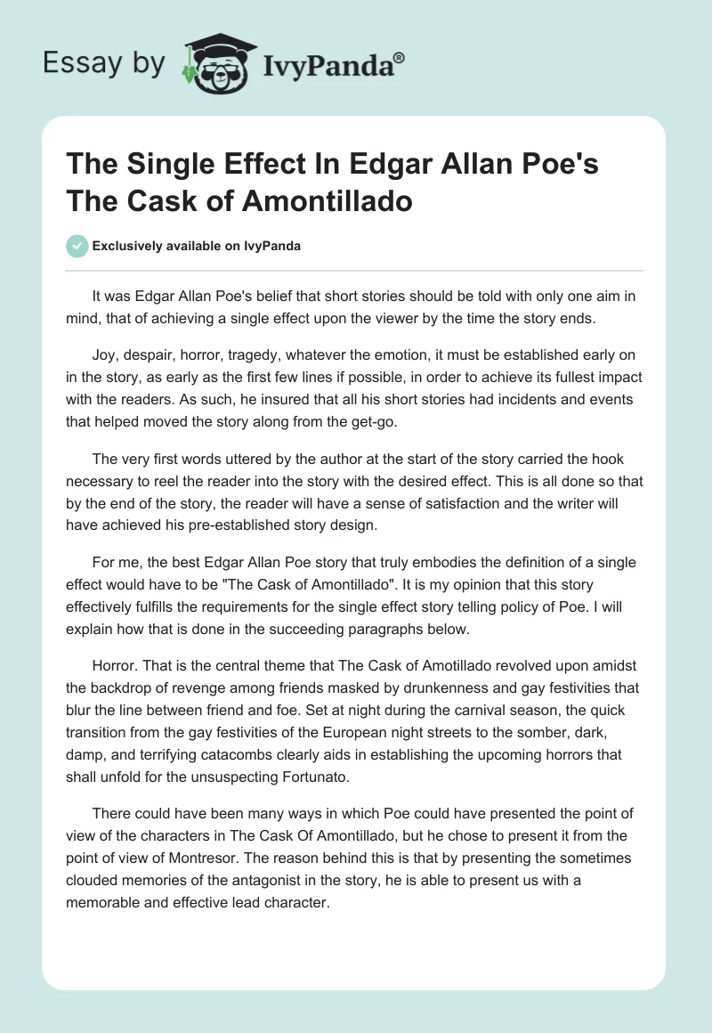 The Single Effect in Edgar Allan Poe's The Cask of Amontillado. Page 1