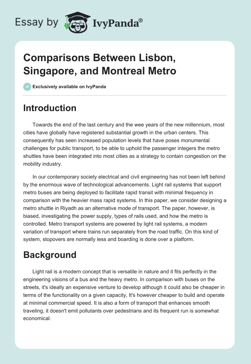 Comparisons Between Lisbon, Singapore, and Montreal Metro. Page 1