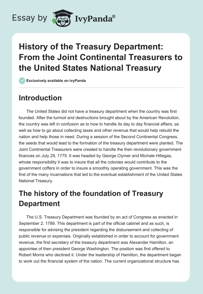 History of the Treasury Department: From the Joint Continental Treasurers to the United States National Treasury. Page 1