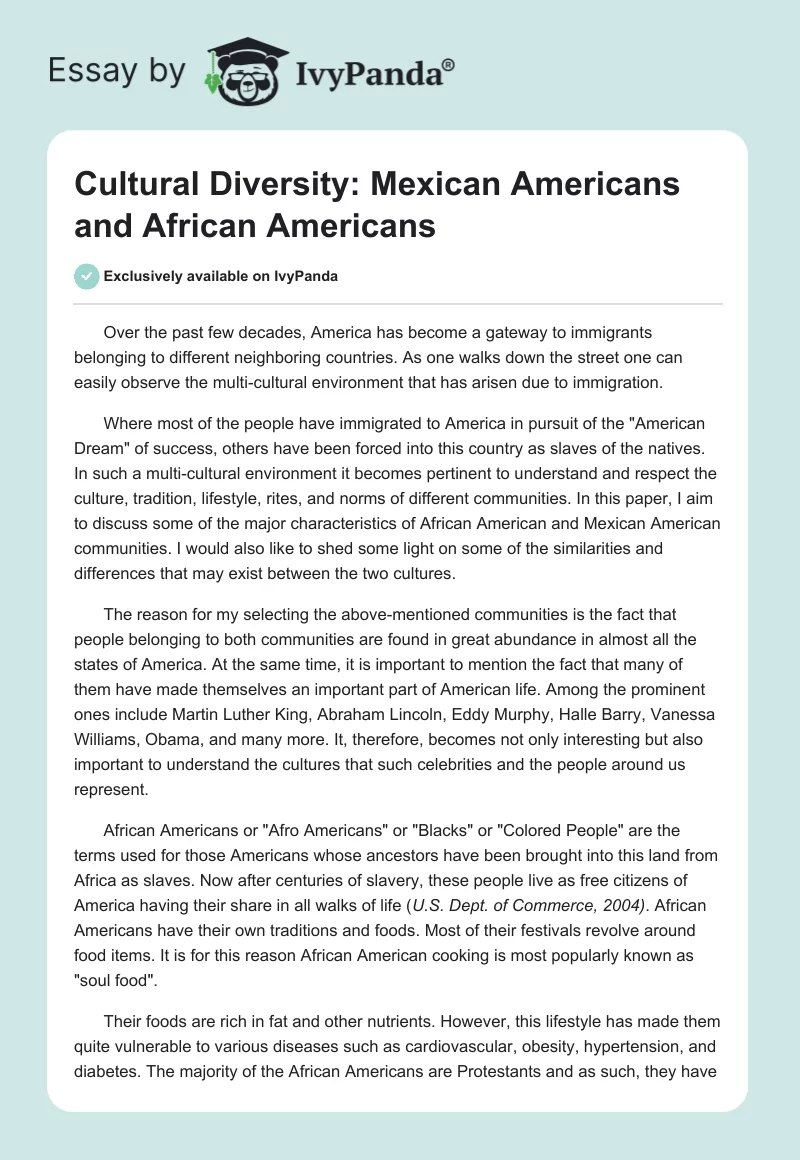 Cultural Diversity: Mexican Americans and African Americans. Page 1