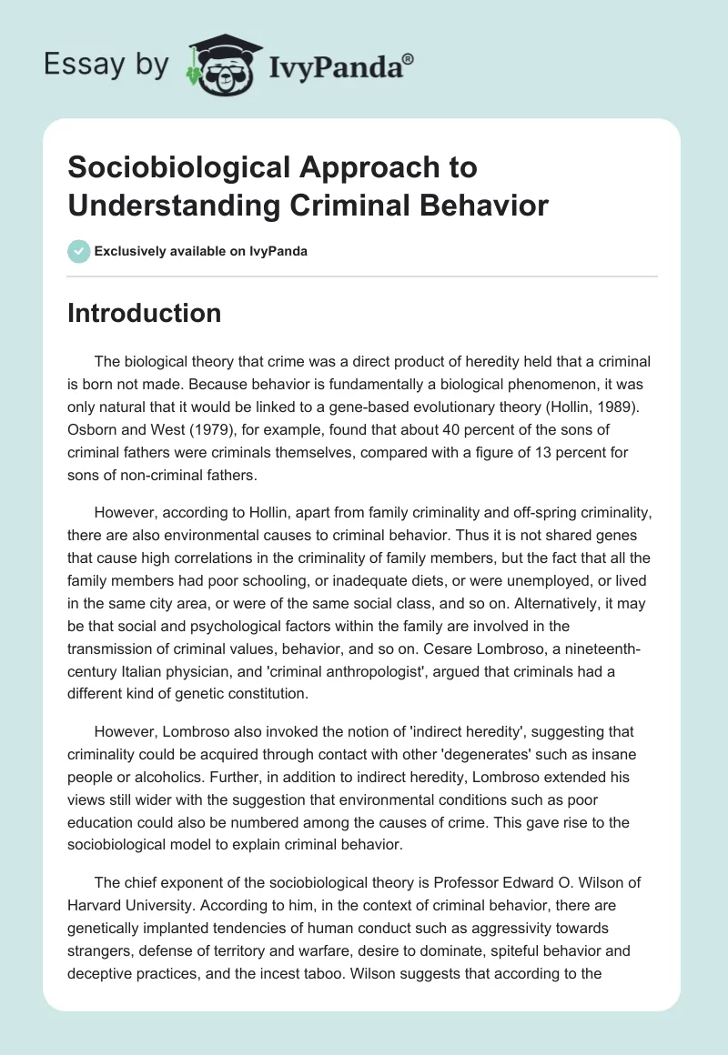 Sociobiological Approach to Understanding Criminal Behavior. Page 1