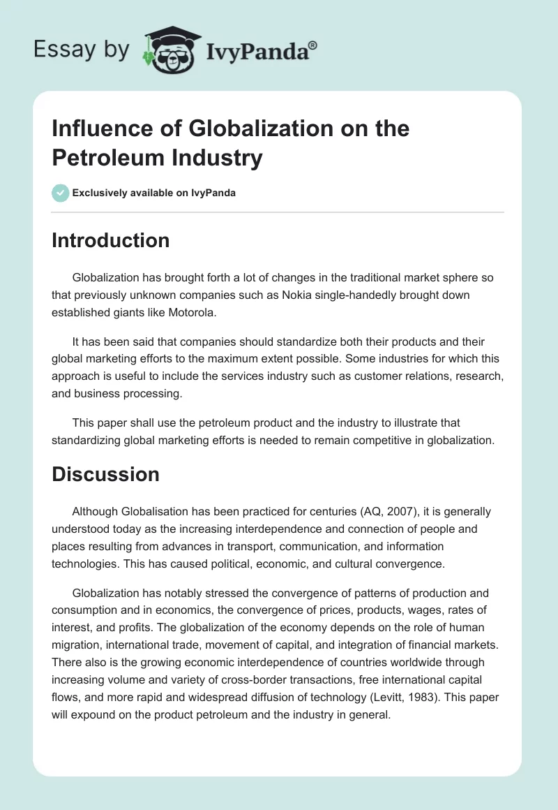 Influence of Globalization on the Petroleum Industry. Page 1