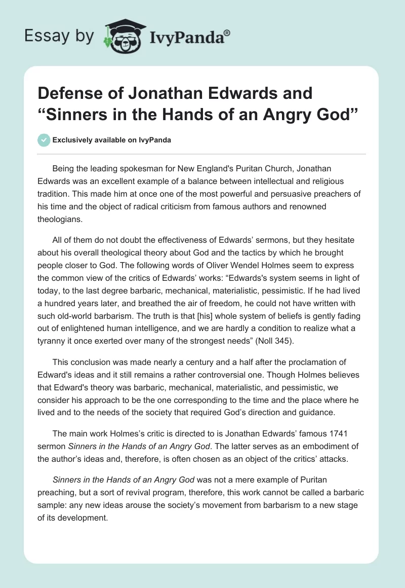 Defense of Jonathan Edwards and “Sinners in the Hands of an Angry God”. Page 1