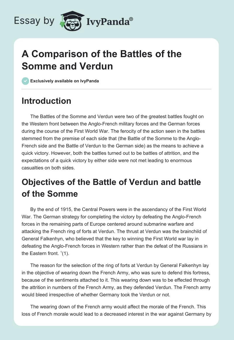 A Comparison of the Battles of the Somme and Verdun. Page 1