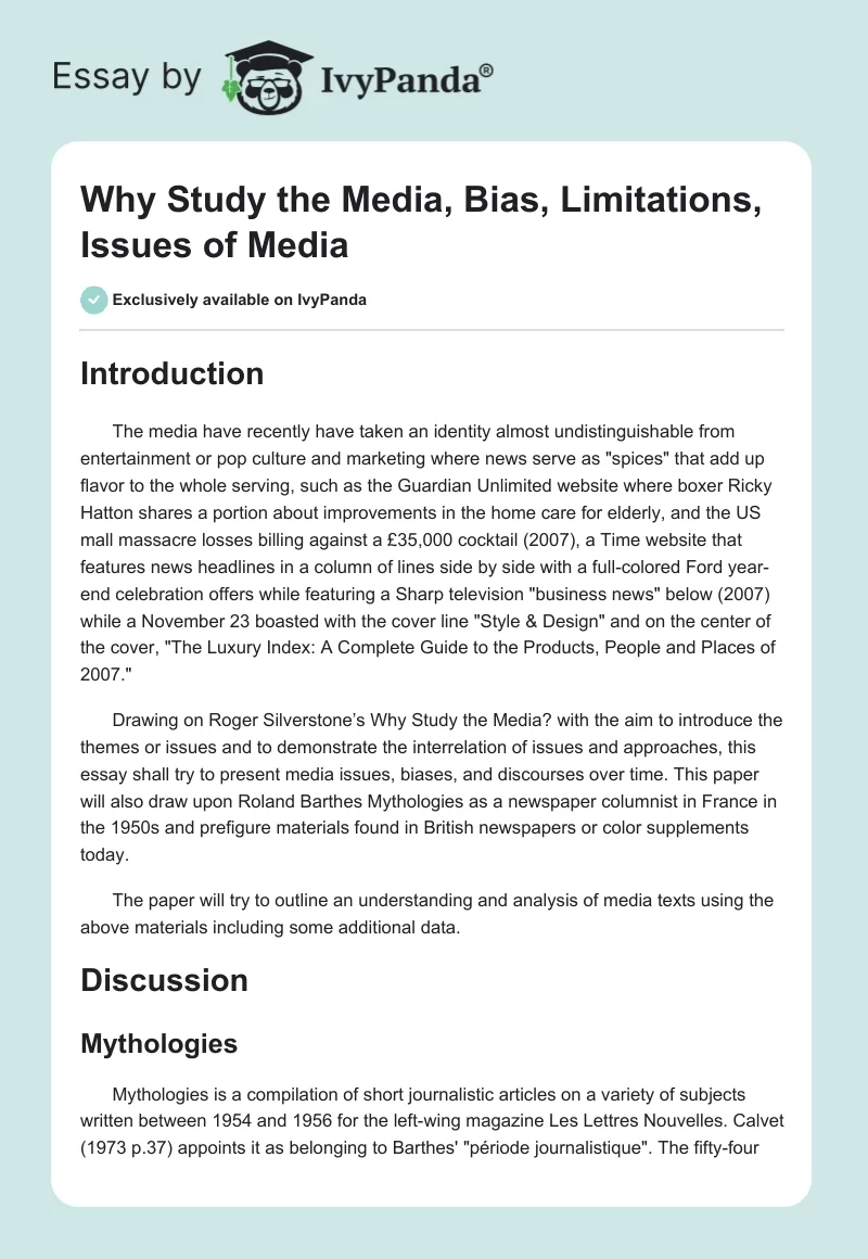 Why Study the Media, Bias, Limitations, Issues of Media. Page 1
