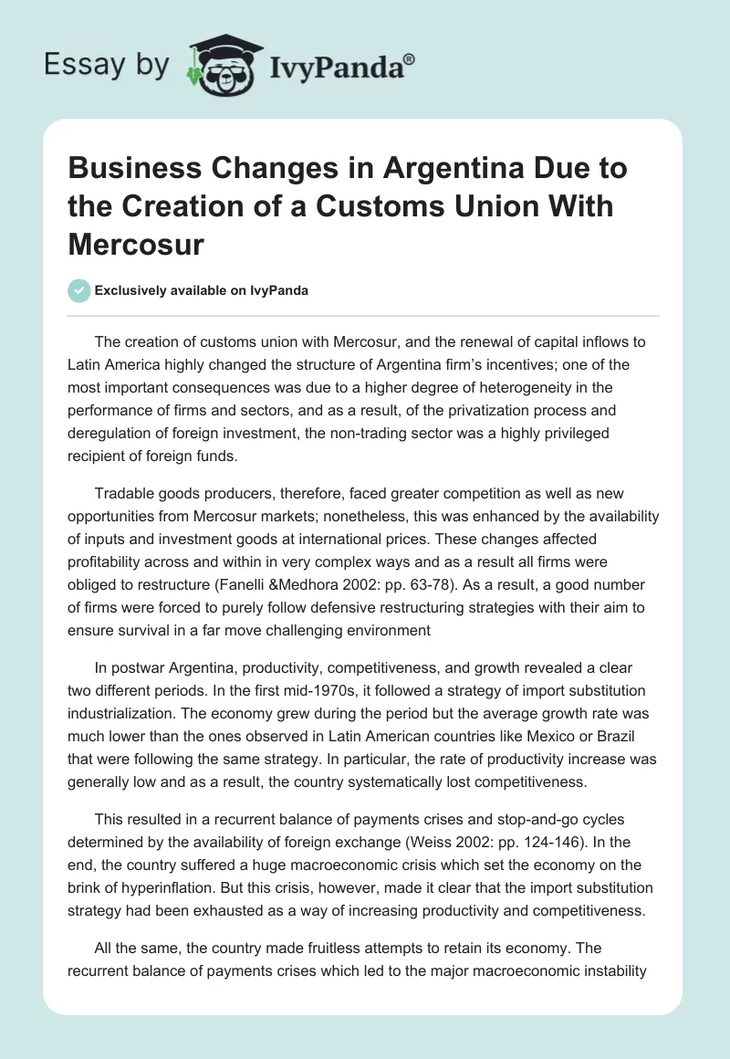 Business Changes in Argentina Due to the Creation of a Customs Union With Mercosur. Page 1