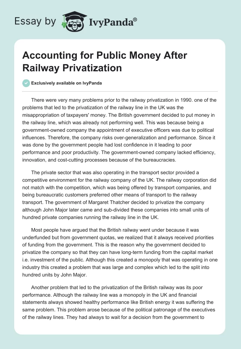 Accounting for Public Money After Railway Privatization. Page 1