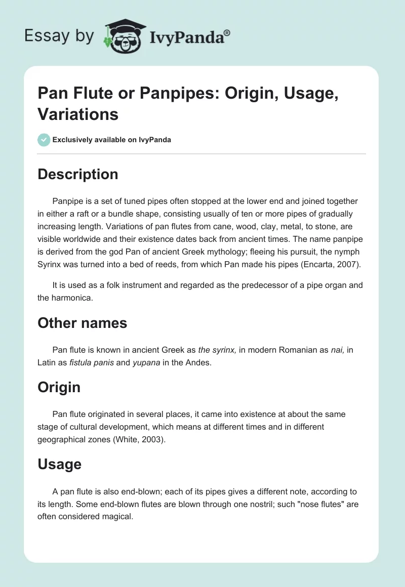 Pan Flute or Panpipes: Origin, Usage, Variations. Page 1