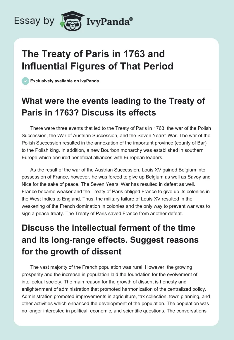 The Treaty of Paris in 1763 and Influential Figures of That Period. Page 1