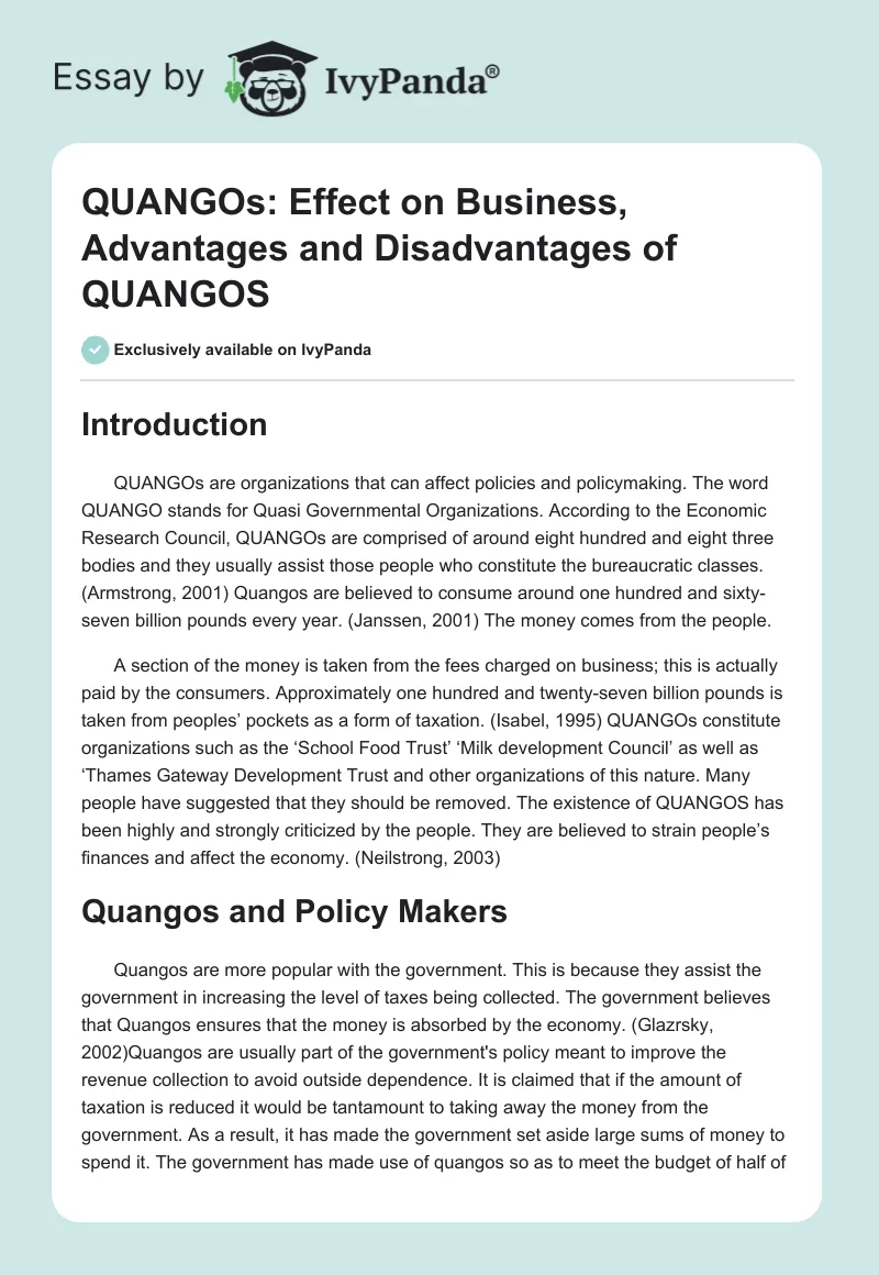 QUANGOs: Effect on Business, Advantages and Disadvantages of QUANGOS. Page 1