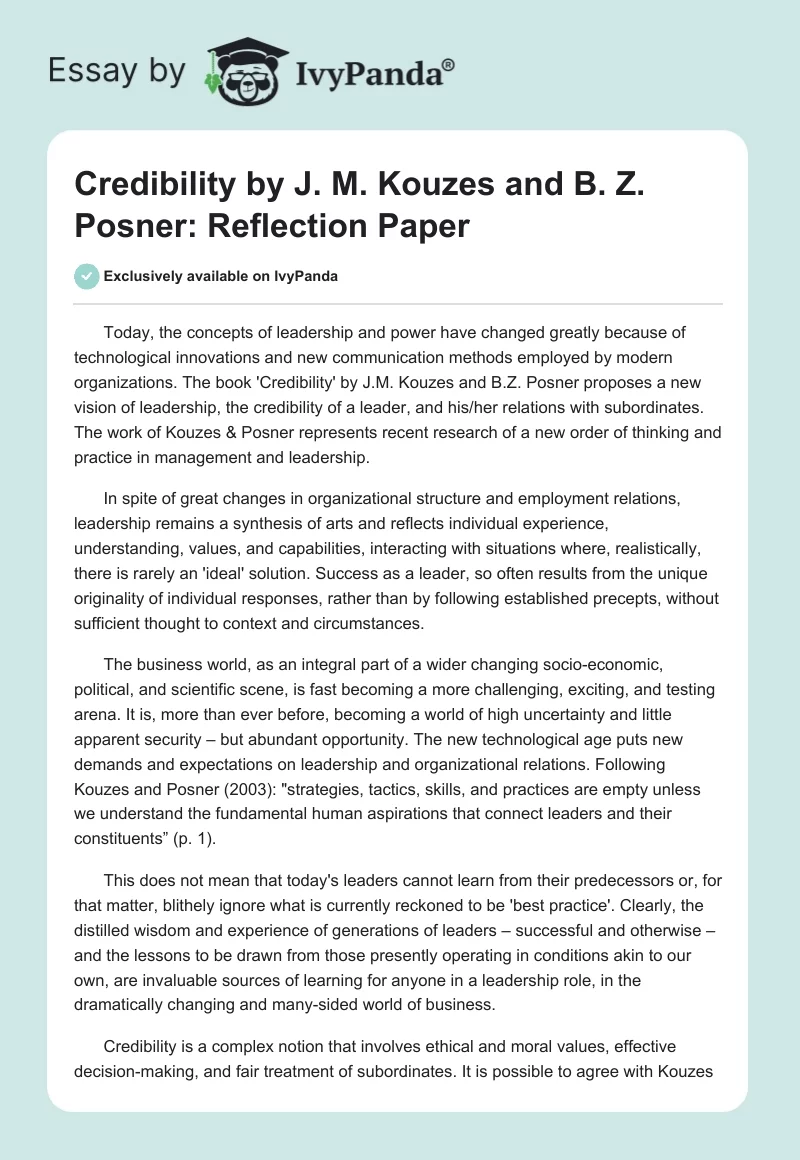 "Credibility" by J. M. Kouzes and B. Z. Posner: Reflection Paper. Page 1