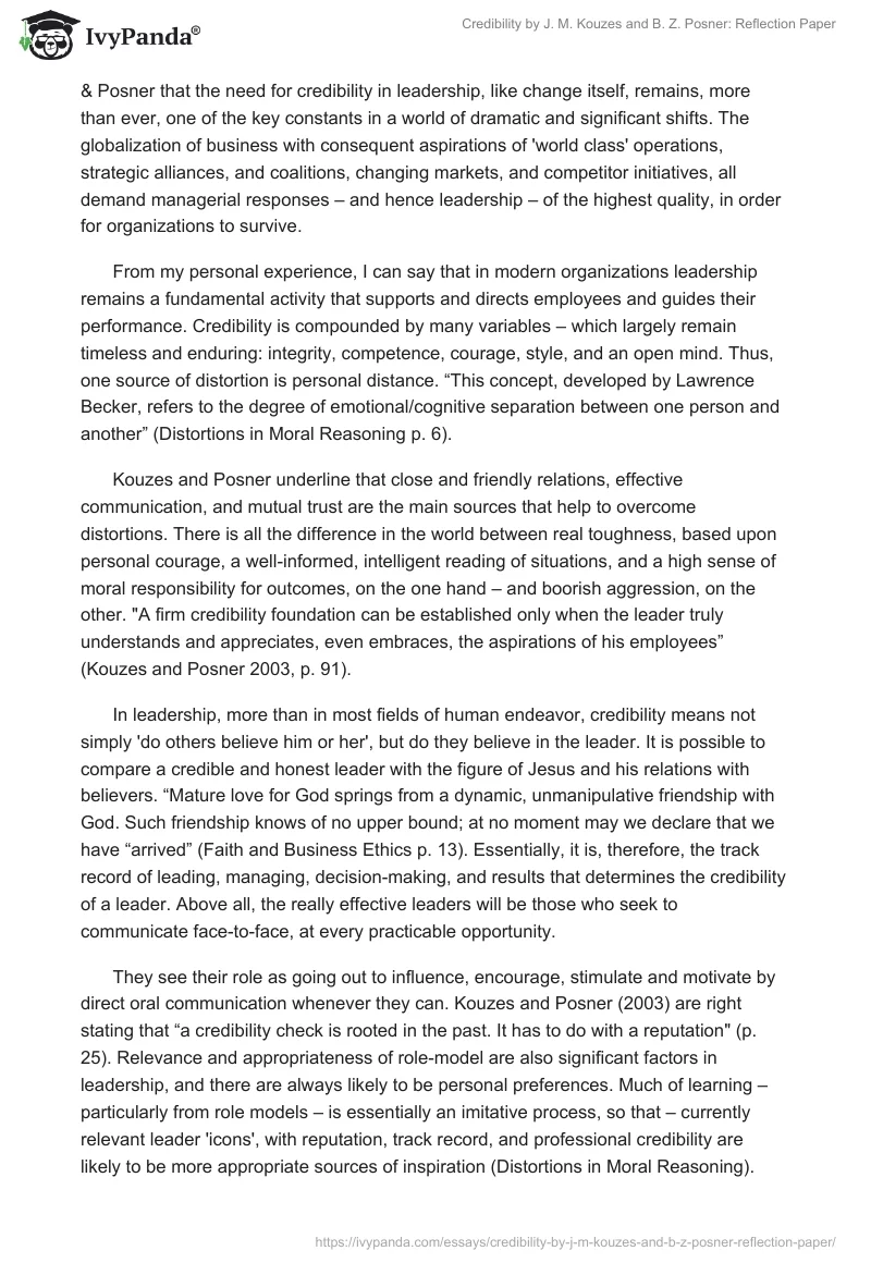 "Credibility" by J. M. Kouzes and B. Z. Posner: Reflection Paper. Page 2